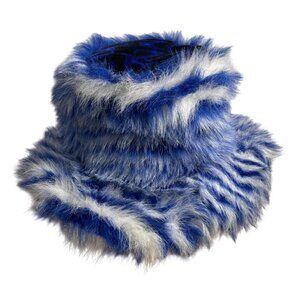 Vtg Y2K Blue Black Flame Print Furry Bucket Hat Adult Rave Halloween Faux Fur